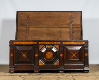 An imposing oak wooden linen coffer with marquetry, personalized inscription and date 1778, 18th C.