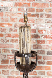 A large wrought iron candlestick transformed into a lamp, 19th C.