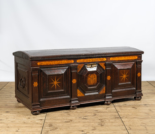 An imposing oak wooden linen coffer with marquetry, personalized inscription and date 1778, 18th C.