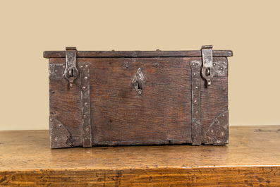 A wrought iron-mounted wooden box, 17/18th C.
