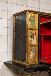 A Gothic Revival cabinet on stand depicting the Battle of Sluys, 20th C.