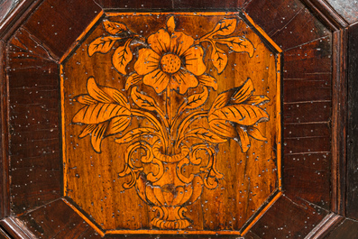 An imposing oak wooden linen coffer with marquetry, personalized inscription and date 1778, 18th C.