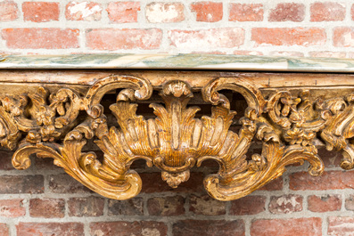 A gilt wooden console with green marble top, 18th C.