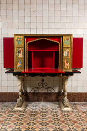 A Gothic Revival cabinet on stand depicting the Battle of Sluys, 20th C.