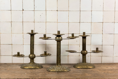 Three adjustable punched copper candlesticks, 19th C.