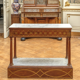 A French wooden console with marble top and bottom, 19th C.