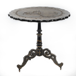 A French mother-of-pearl-inlaid, ebonised and gilt side table with a castle view, 19th C.
