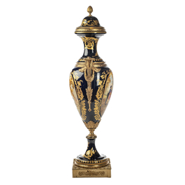 A massive S&egrave;vres-style porcelain lidded vase with gilt bronze mounts, signed Nezini, early 20th C.