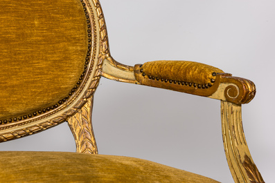 A French partly gilt and white patinated Louis XV-style sofa, 18/19th C.