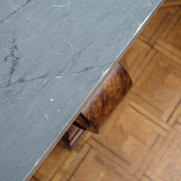 A French Empire-style rootwood veneered wooden console with a grey marble top, 19th C.