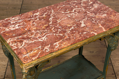 A green patinated and gilt Retour d'Egypte-style side table with marble top, ca. 1900