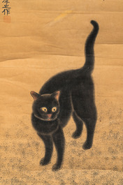 Chinese of Japanse school: Een zwarte kat en een vlinder, inkt en kleur op papier, 20e eeuw