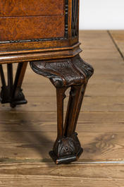 A burl wood veneered coin cabinet with marble top, 20th C.