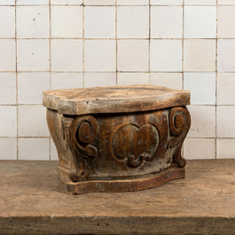 An upholstered wooden footstool and a stand, probably France, 18/19th C.