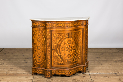 A French marquetry one-door cabinet with marble top, 19th C.