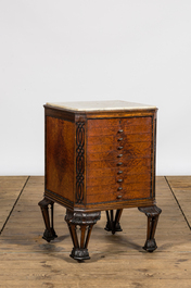 A burl wood veneered coin cabinet with marble top, 20th C.