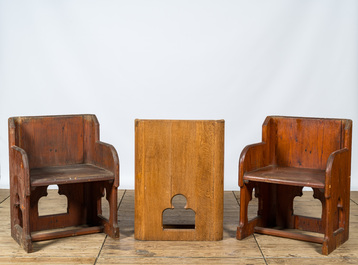 Five Gothic Revival pine chairs and one in oak, 20th C.