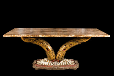 A polychromed and gilt wooden console table with onyx marble top, probably Italy, 19/20th C.