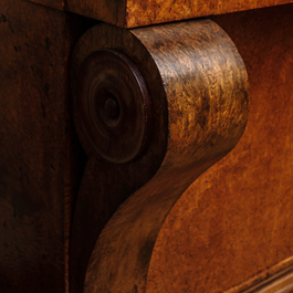 A French Empire-style rootwood veneered wooden console with a grey marble top, 19th C.