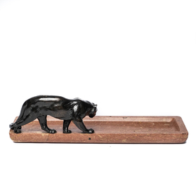 A marble pencil case with a patinated bronze panther, 20th C.