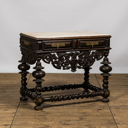 A Spanish brass mounted walnut console table with marble top, 19th C.