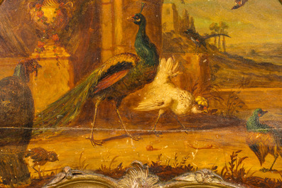 Banc en bois polychrome et dor&eacute; &agrave; d&eacute;cor de volailles dans un paysage, Italie, 19&egrave;me