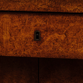 A French Empire-style rootwood veneered wooden console with a grey marble top, 19th C.