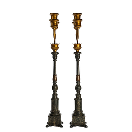 A pair of impressive 'faux marbre'-painted wooden candlesticks transformed into floor lamps with gilt brass mounts, 19th C. and later