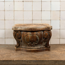 An upholstered wooden footstool and a stand, probably France, 18/19th C.