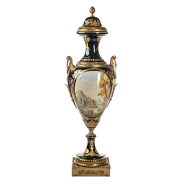 A massive S&egrave;vres-style porcelain lidded vase with gilt bronze mounts, signed Nezini, early 20th C.