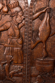 A pair of imposing wooden throne seats with relief design, 20th C.