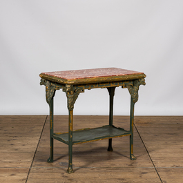 A green patinated and gilt Retour d'Egypte-style side table with marble top, ca. 1900