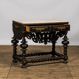 A Spanish brass mounted walnut console table with marble top, 19th C.