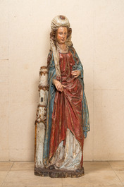 Een grote polychrome houten sculptuur van Sint-Barbara, Zuidelijke Nederlanden, midden 16e eeuw