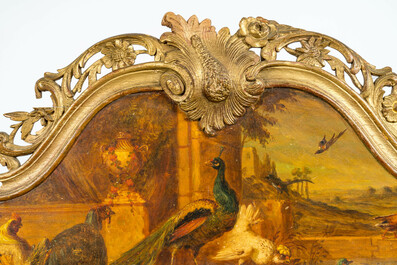 Banc en bois polychrome et dor&eacute; &agrave; d&eacute;cor de volailles dans un paysage, Italie, 19&egrave;me