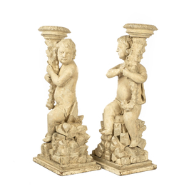 A pair of white patinated wooden putti holding a cornucopia, 18th C.