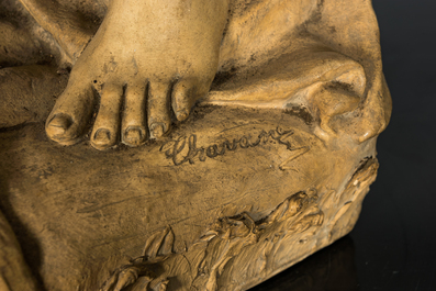 A patinated plaster sculpture of a young man on a raft, 20th C.