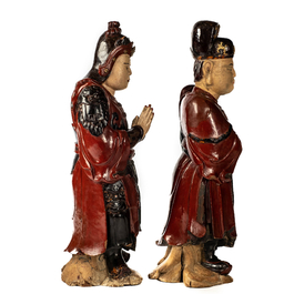 A pair of large Chinese polychromed wooden temple guardians, 19th C.