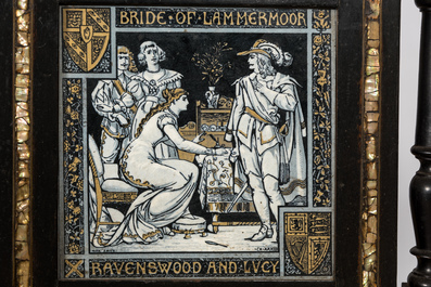 Banquette en bois noirci incrust&eacute; de nacre et de trois plaques Minton Waverley par John Moyr Smith (1839-1912), Angleterre, 19&egrave;me