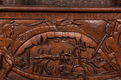 A pair of imposing wooden throne seats with relief design, 20th C.