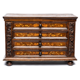 A four-drawer table cabinet with floral marquetry, probably The Netherlands, 18/19th C.