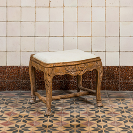 An upholstered wooden footstool and a stand, probably France, 18/19th C.