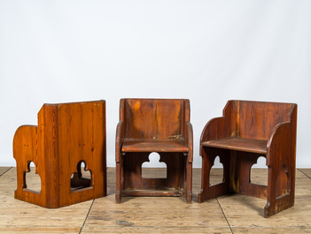 Five Gothic Revival pine chairs and one in oak, 20th C.