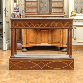 A French wooden console with marble top and bottom, 19th C.