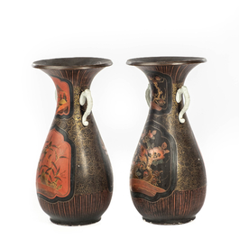 A pair of Japanese lacquered porcelain vases, Meiji, 19th C.