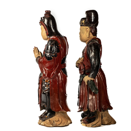 A pair of large Chinese polychromed wooden temple guardians, 19th C.