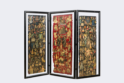 A pair of three-part black lacquered folding screens with collages of historical characters, 19/20th C.