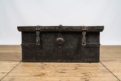 A wrought iron mounted and plated wooden chest, 19th C.