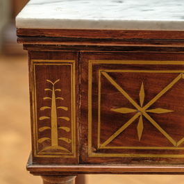 A French wooden console with marble top and bottom, 19th C.