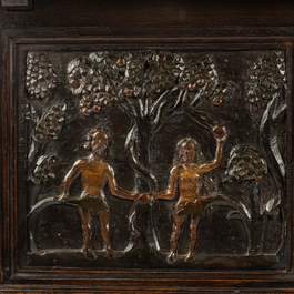 A rare ebonised wooden baluster leg table with polychromed reliefs, 17th C. with later elements